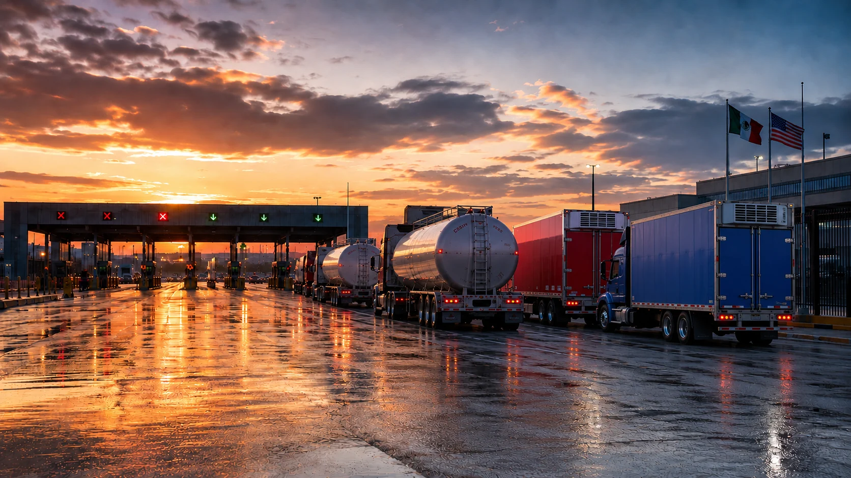 Cruce fronterizo con tractocamiones de pipa y dos camiones refrigerados en fila, todos en la misma dirección al atardecer.